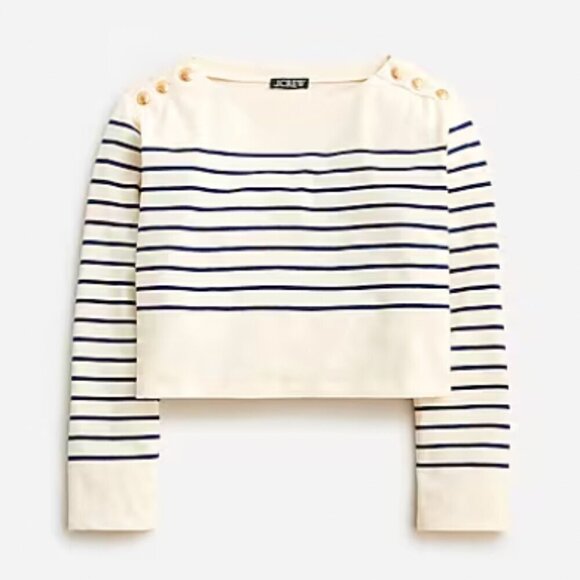 J.Crew Cropped Boatneck T-shirt with Buttons in Mariner Cotton - Size Large - Picture 3 of 3